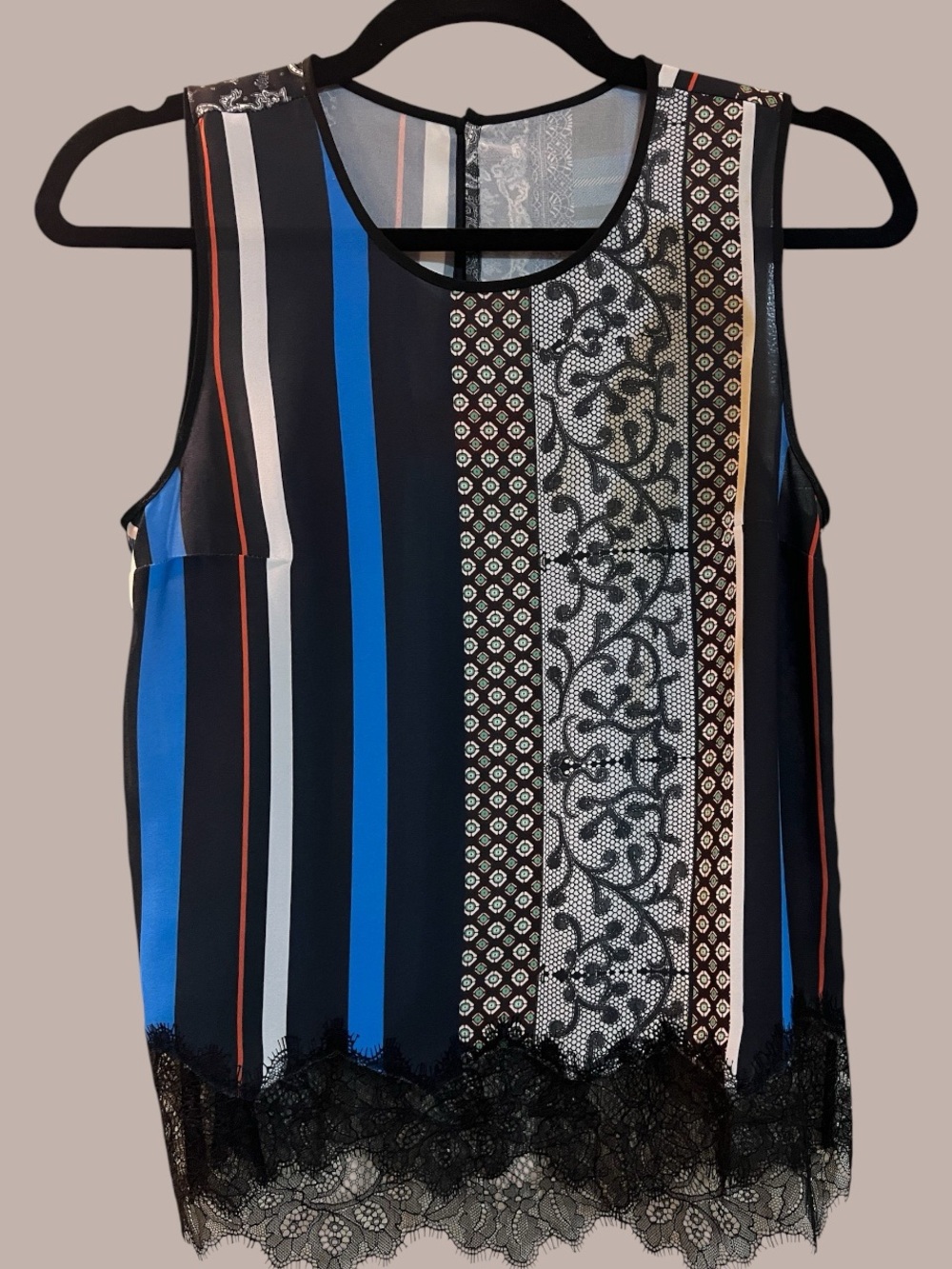 RARE Clover Canyon Striped Lace-Hem Tank in Black, Blue and White / PRISTINE